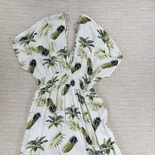 Blue Island Tropical Maxi Dress Sz L Pineapple Palm Print Rayon Tiered Open Back - Image 6