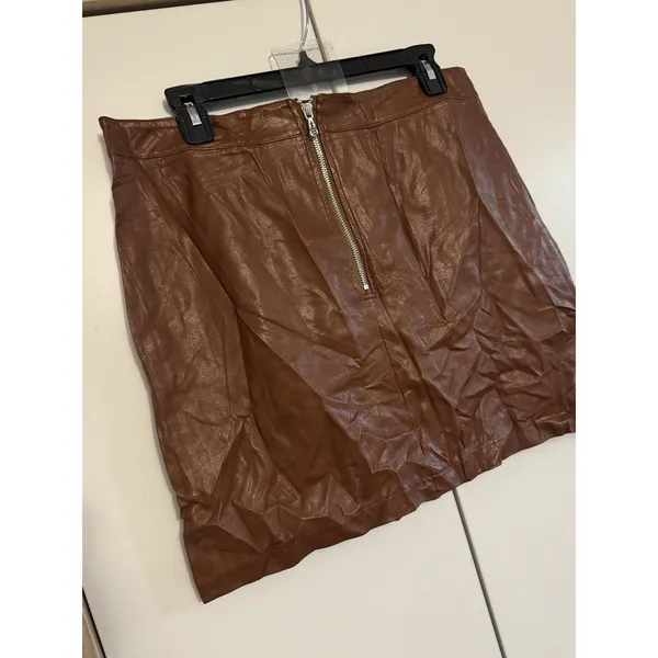 Guanyy Brown Faux Leather Mini Skirt XXL (Fits 32-33) Y2K Panel Moto 17” Length - Image 2