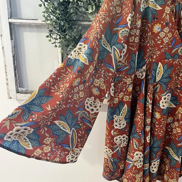 Umgee Plus 1XL Floral Paisley Chiffon Shift‎ Tunic Dress Orange Boho Bell Sleeve - Image 5