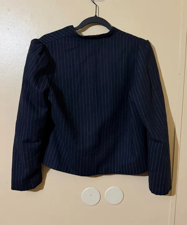 Women's Navy Pinstripe One-Button Blazer, Lined, Long Sleeve, Classic Business - Image 4