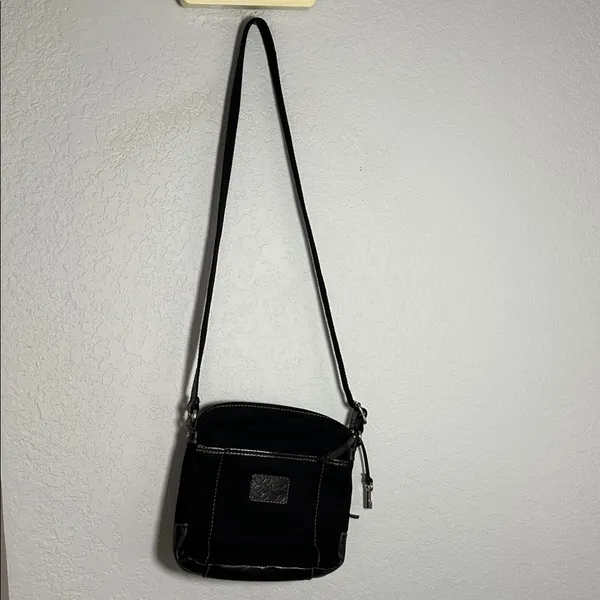 Fossil Black Canvas Leather Purse Bag Silver Hardware Key 10x11 Long Strap Y2K - Image 4