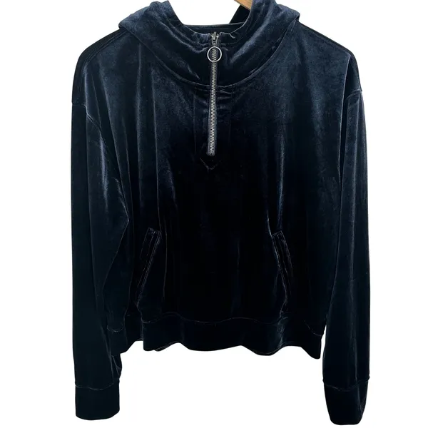 Abercrombie Fitch Velour Velvet Quarter Zip Cropped Hoodie Navy Blue Y2K Revival - Image 2