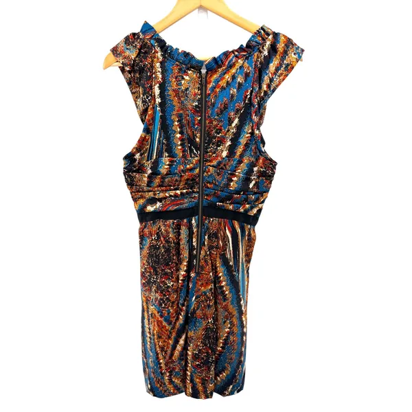 Plenty by Tracy Reese Silk Abstract Print Ruffle V-Neck Dress Blue Orange Medium - Image 5