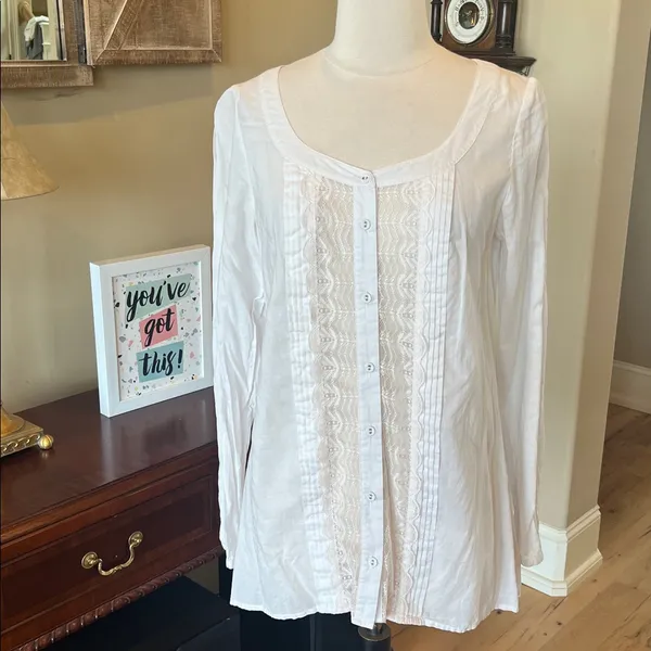Romantic Free People ivory blouse oversized long top Womens S Button Up Lace - Image 12