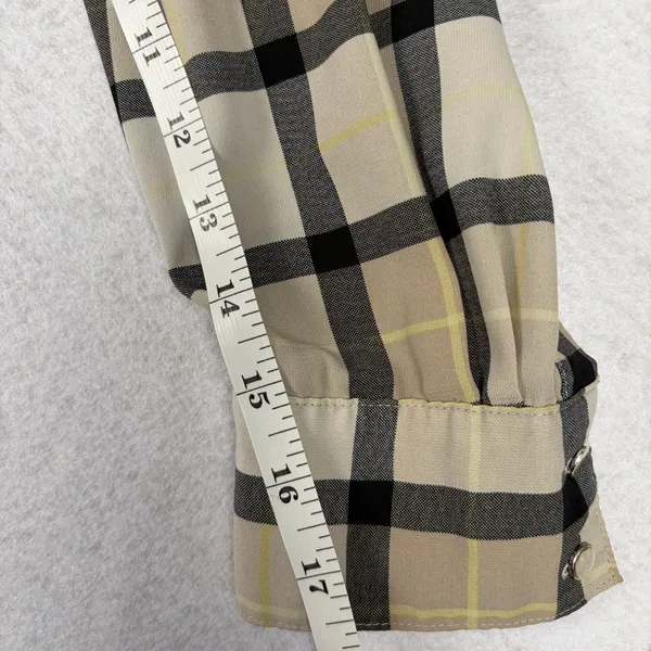 Calvin Klein Plaid Button-Up Blouse Women's M Beige Sheer Casual Fall Minimalist - Image 7