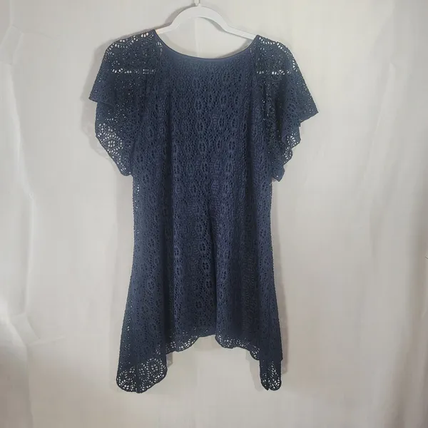 Boho Crochet Lace Open Knit Tunic Top Sz L Navy Blue Sharkbite Hem Cottagecore - Image 3
