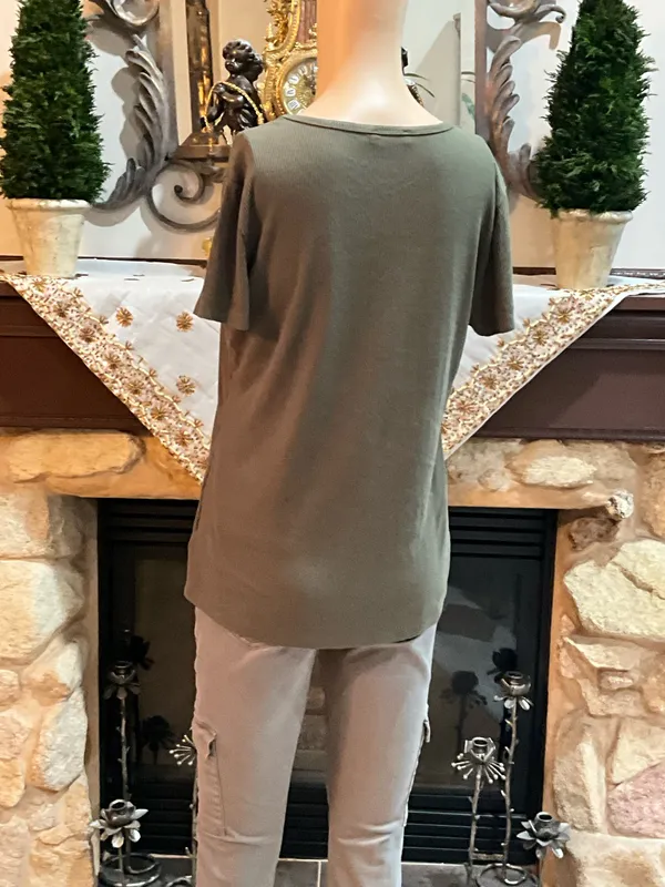 Khaki green Bebe rhinestone top with V-neck  - Image 4