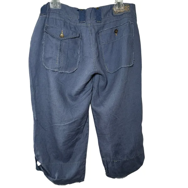 Y2K Linen Cargo Capri Blue Utility Boho Cropped Pants Sz L Button‎ Fly Wide Leg - Image 3