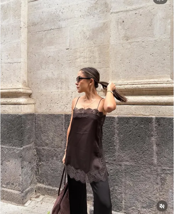 Zara satin Lace-Trim Slip Dress Top in Deep Brown - Image 2