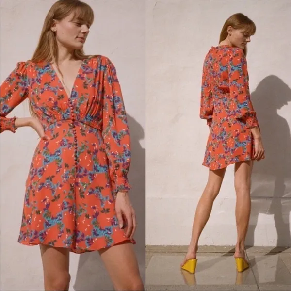 Saloni Eve Mini Dress Tangerine Sweetpeas‎ Chiffon Viscose Smock V Neck Size 0 - Image 2
