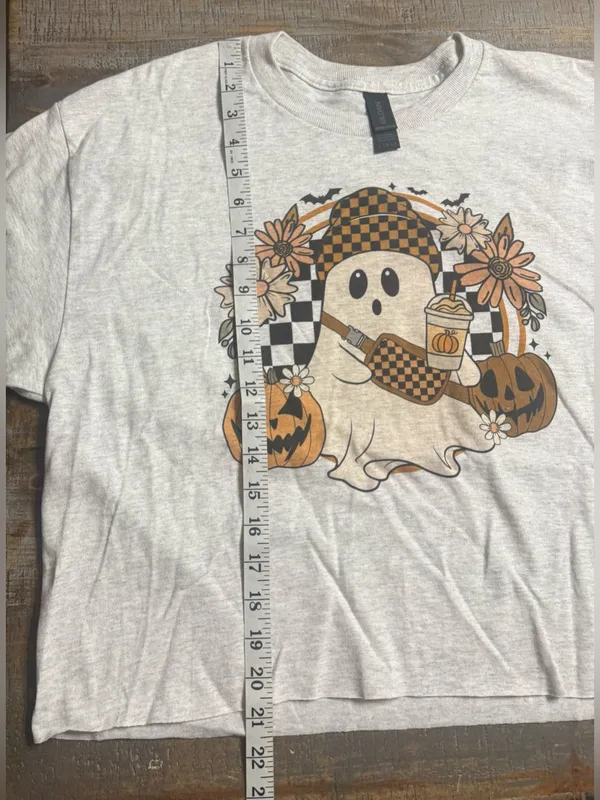 Gildan Light Gray Long Sleeve Cropped Ghost Graphic Tee with Orange Accents - Image 7