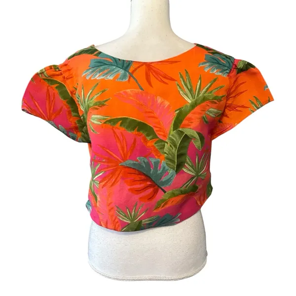 Anthropologie Tropical Floral Knot-Front Crop Top in Coral & Teal - Image 6