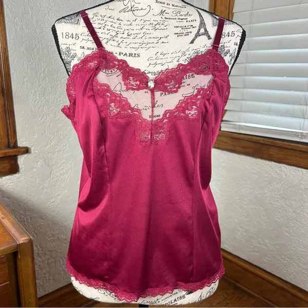 Vintage 80’s Bari Silky Nylon Lace Burgundy Camisole Size M - Image 2
