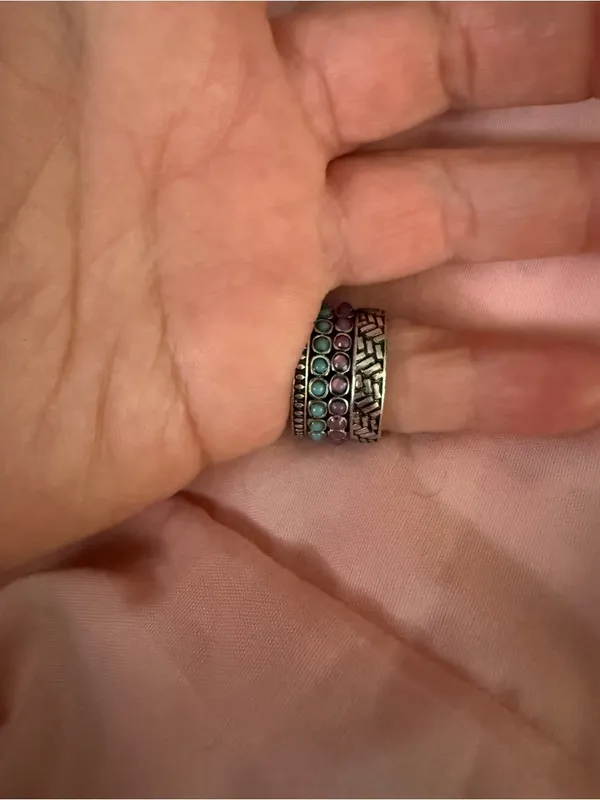 Stackable Silver Tone Ring Set of 4 with Purple and Teal Beads - Image 4
