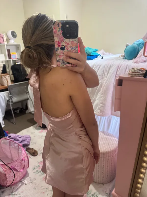 Mustard Seed Satin Halter Mini Dress in Blush Pink - Image 2