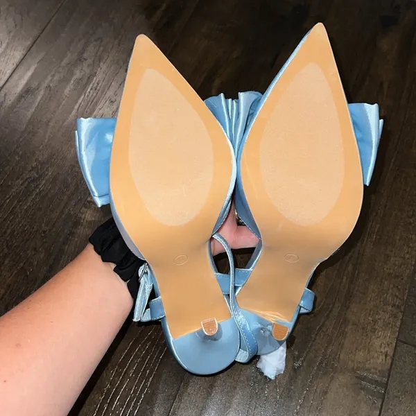 NWOT Lulus Light Blue Satin Rhinestone Bow Stiletto Heels - Image 8