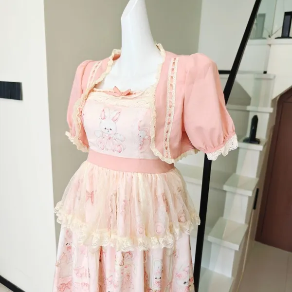 Pink Bunny Bear Print Lolita Strap Dress Lace - Image 4