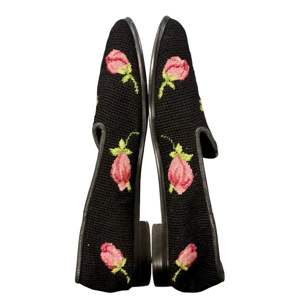 VTG Floral Needlepoint Loafers Rose Tapestry Smoking Slipper Grandmacore 10 - Image 5
