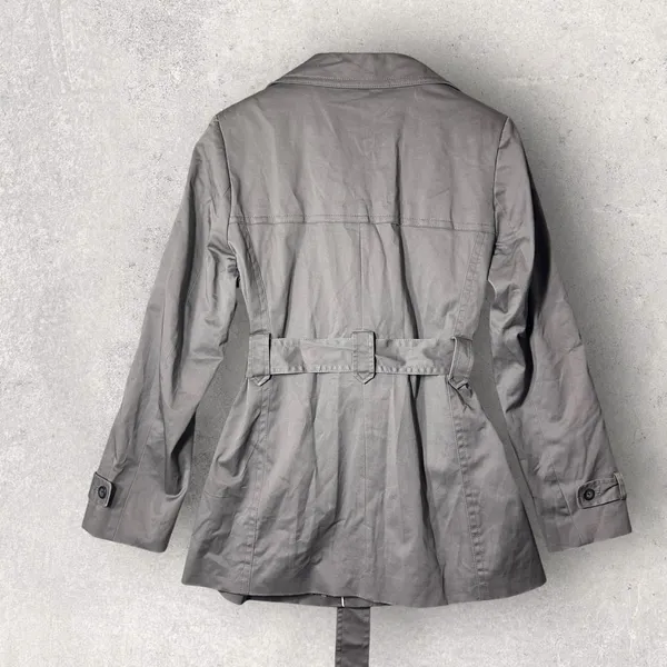 NEW Etam Trench Coat Womens US 12 Gray Double Breasted Belted‎ Stretch Jacket - Image 2
