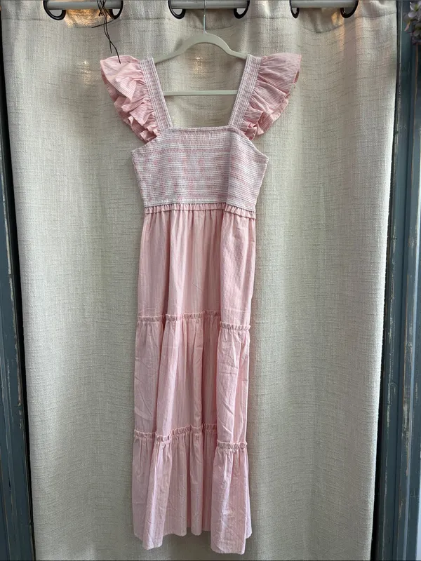 Smocked Ruffle Strap Tiered Midi Dress Medium - Image 9