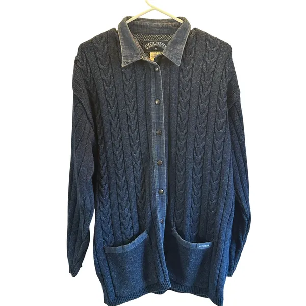 Blue Willis vintage blue denim heavy cable knit Shacket Medium cardigan academia - Image 2