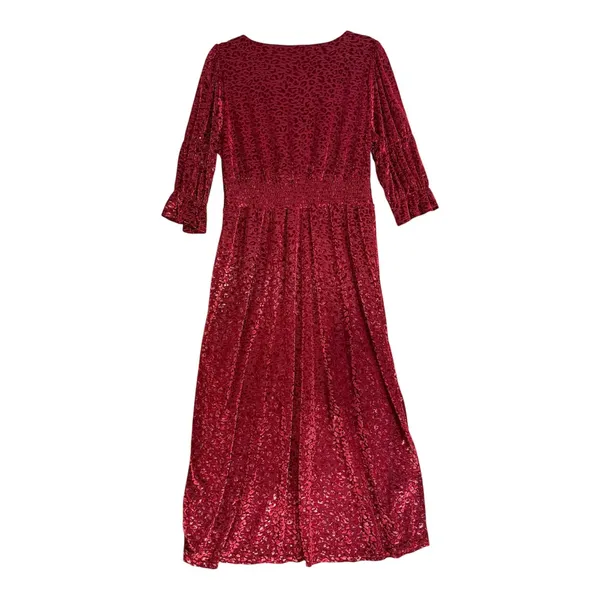 Betsey Johnson Size-XL Midi Dress Burgundy Red Velvet Leopard Print - Image 3