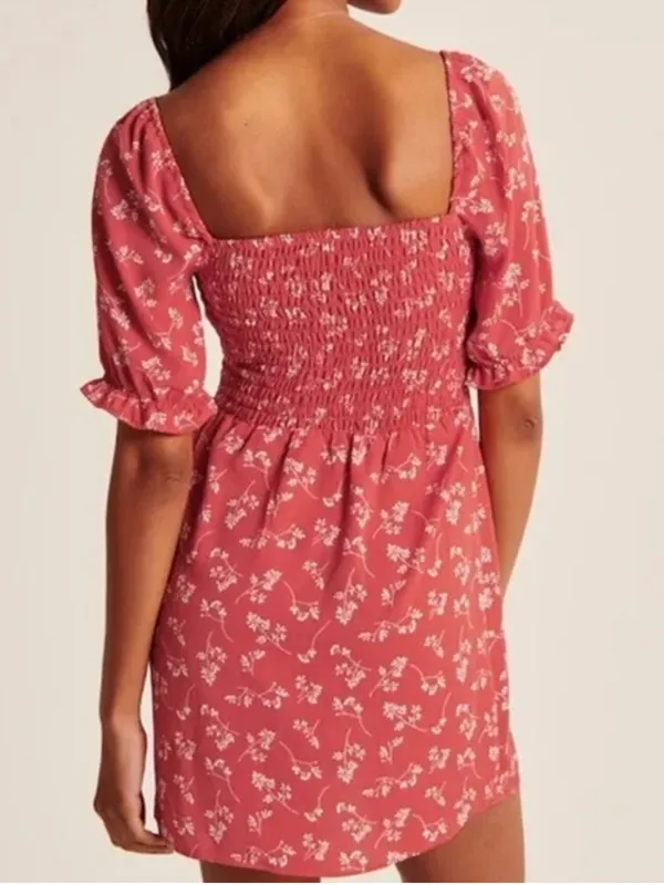 Abercrombie & Fitch Red Ditsy Smocked Floral Print Puff Sleeve Mini Dress - Image 2