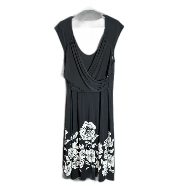 White House Black Market Womens Size 14 Black White Floral Draped Midi Dress - Image 2