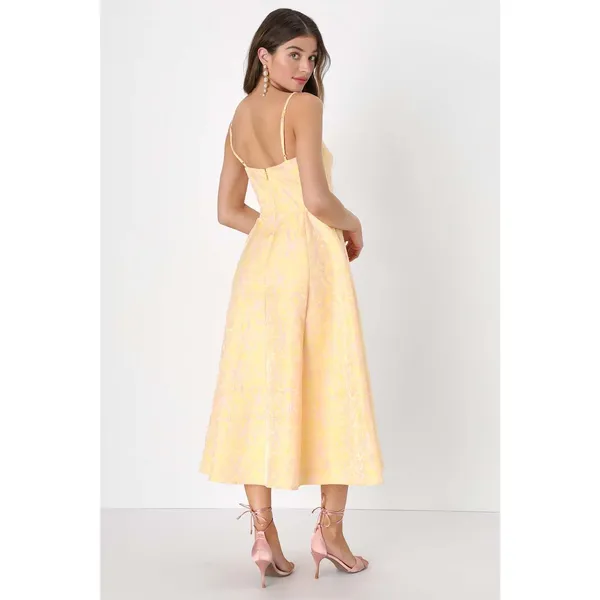 NWT Lulus Meet for Tea Yellow Jacquard Bustier Midi Dress With Pocket Wedding XS - Image 3