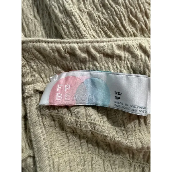 Free People Beach Beige Crinkle‎ Babydoll Mini Dress Puff Sleeve XS OB1122436 - Image 3