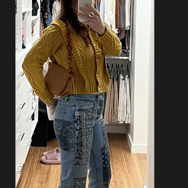 Central Park West Mustard Cable Knit Cardigan Sweater SMALL Cottage Prairie $181 - Image 4