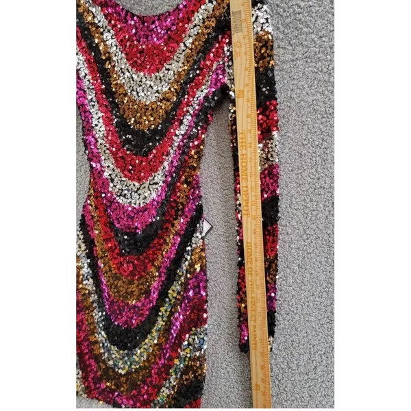 B DARLIN Sequined Low-Back Mini Dress Juniors XS Multi Crew‎ Neck Long Sleeve - Image 6