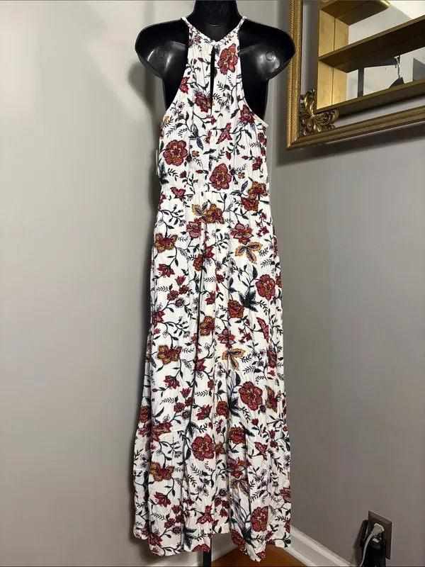 NEW Old Navy Small White Floral Halter Waist Defined Braided Strap Maxi Sundress - Image 2