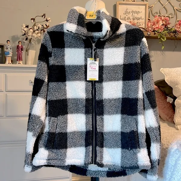 Sherpa Cozy Jacket Fluffy Zip Black White Buffalo Checkerboard Comfy Womens M - Image 4