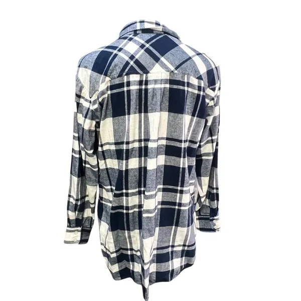 LOFT Women's Plaid Flannel Tunic Shirt Navy Blue & White Size M - Image 6