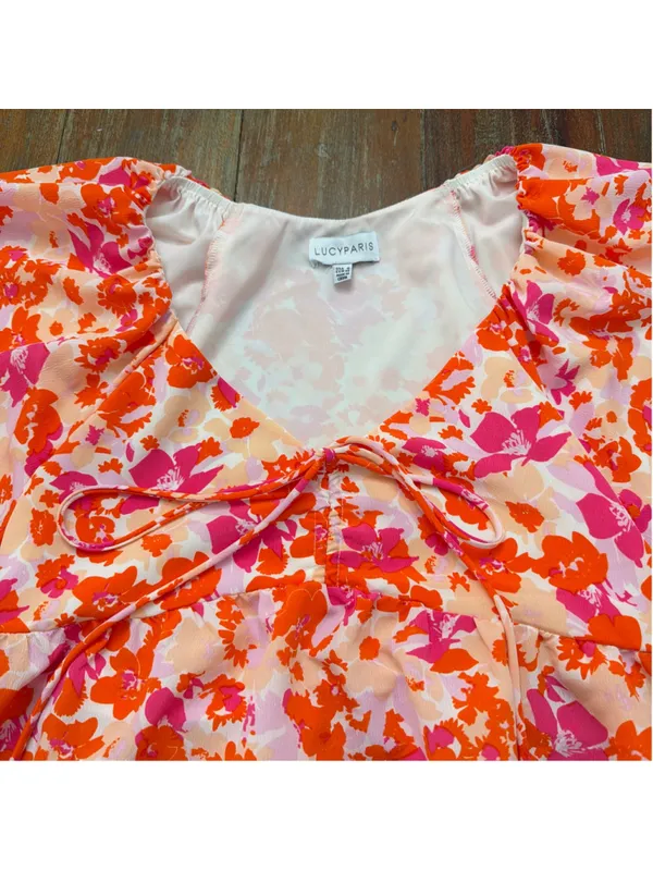 LUCY PARIS Pink & Orange Floral Puff Sleeve Toulouse Tie Babydoll Mini Dress S - Image 2