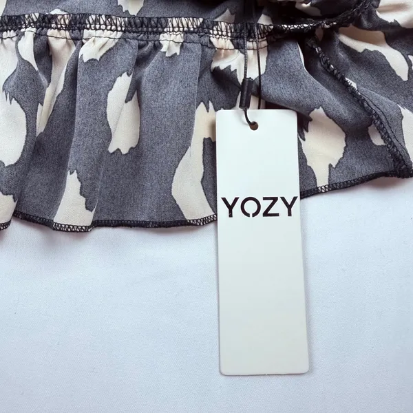 YOZY Women Leopard Print Mock Neck Ruched Ruffle Mini Dress Black Cream Small - Image 3