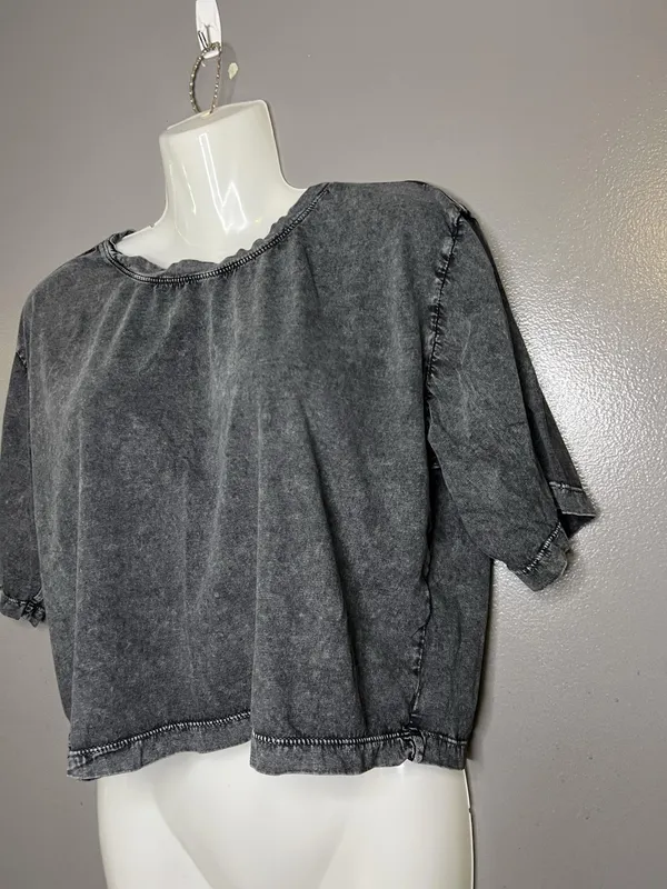 Z By Zella Shirt Womens Medium Gray Acid Wash Cropped Short Sleeve Athletic - Image 3