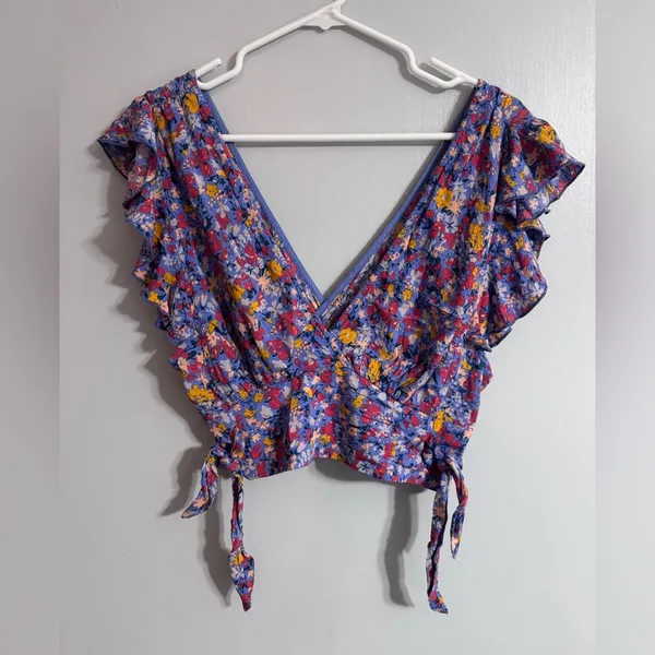 Free People Blue Purple Floral Ruffle Blouse Size Small - Image 3