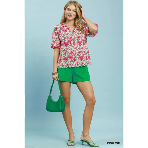 Umgee Floral Puff Sleeve Blouse with Scalloped Details - Medium‎ - Image 4