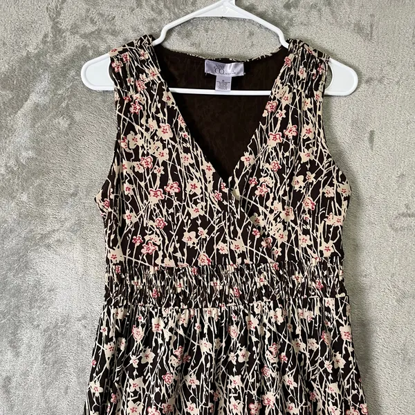 Vintage Brown Floral Midi Dress Earth Fairy Boho Cottagecore Sleeveless V-Neck S - Image 2