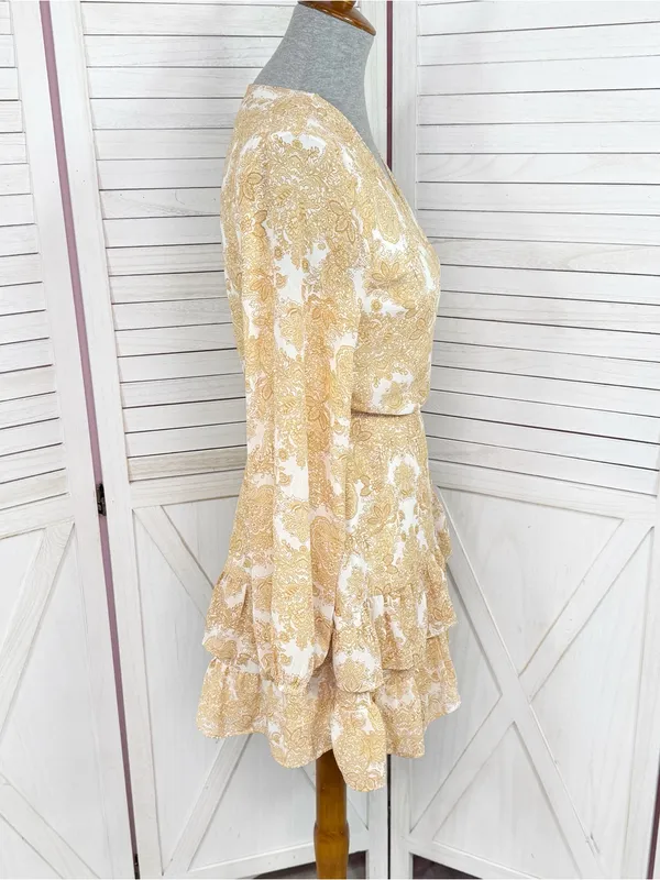 Jun‎ & Ivy by Francesca's Floral Boho Ruffle Wrap Mini Dress Yellow Cream Small - Image 3