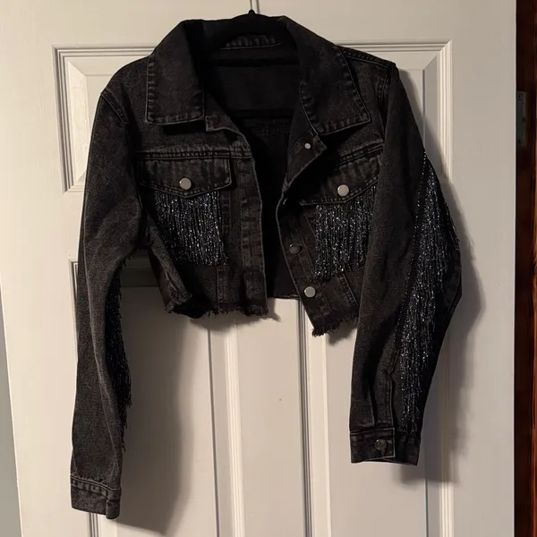 Chic Black Fringe Denim Jacket Size M - Image 3