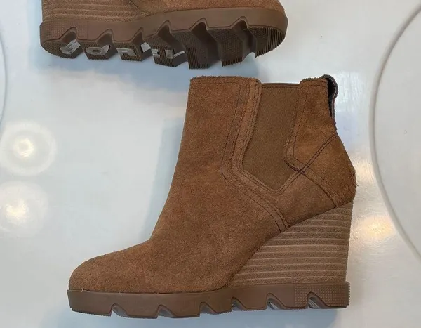 Sorel Women’s Joan Uptown Suede Chelsea Brown Stacked Slip-On Wedge Boots - Image 2