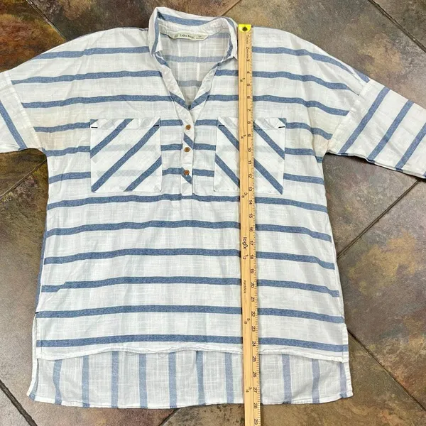 Zara Basic White Blue Striped V-neckline 3/4 Sleeve Blouse XS - Image 6