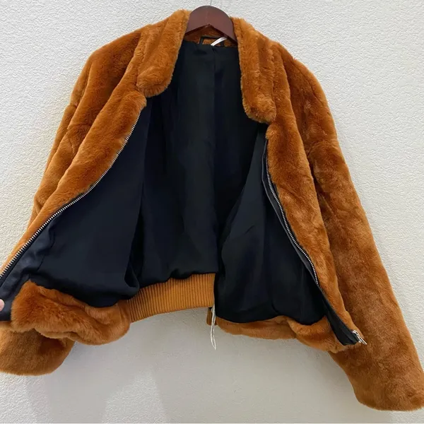 Free People $168 Faux Fur Furry Bomber Jacket Terracotta Golden Brown Size S - Image 6
