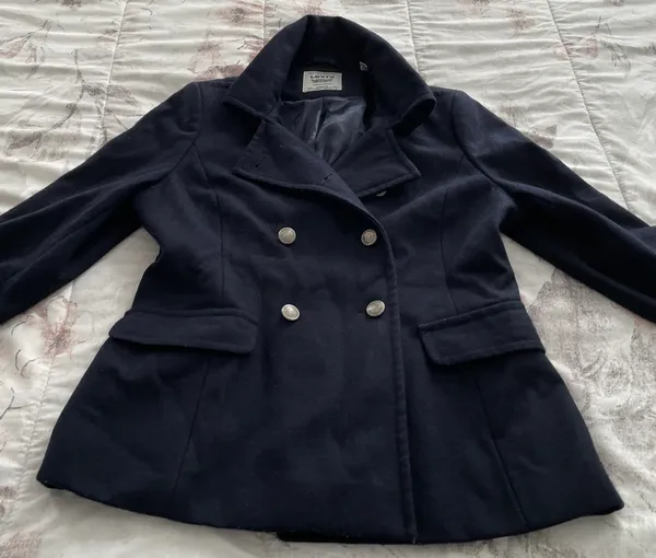 Navy Blue Wool Blend Double Breasted Pea Coat, size M - Image 11