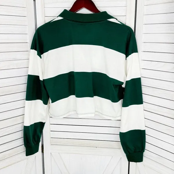 Disney Bambi Y2K Rugby Stripe‎ Cropped Polo Shirt Green White Small Long Sleeve - Image 9