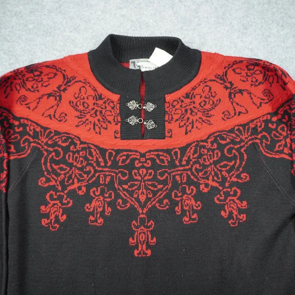 Tyrolia Skiwear Vintage Nordic Wool Blend Sweater Black Red Metal Clasps Size L‎ - Image 2