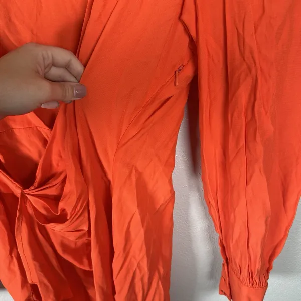 Showpo Long Sleeve Mini Dress Size US14 Bright Orange Faux Wrap Ruffle - Image 4